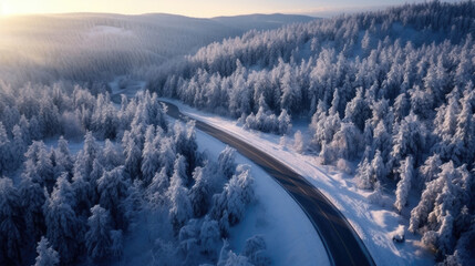 Aerial view of Windy and curvy road in snow covered forest landscape.  Generative Ai