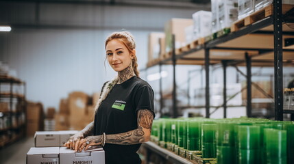 Portrait of a beautiful young woman with green hair posing at the warehouse.