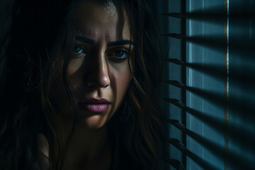 Dramatic Portrait of Woman crying at night dark window, low key silhouette, The shadow of a sad female against the background of a window curtain