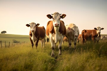 Group of cows standing in a grassy field. - obrazy, fototapety, plakaty
