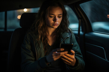 Dramatic Portrait of Upset young woman text messaging in her car