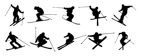 Vector set Silhouette of a skier in winter. Ski silhouette isolated vector design  - obrazy, fototapety, plakaty