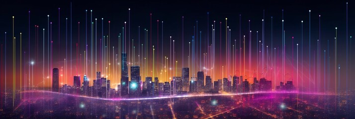 Smart city and abstract dot points connect with gradient lines and aesthetic Intricate wave line design, big data connection technology concept. - obrazy, fototapety, plakaty