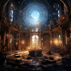 Obraz premium Fantasy Mysterious steampunk library. Generative ai.