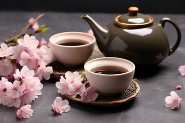 Naklejka na ściany i meble Traditional ceremony. Cups of brewed tea, teapot and sakura flowers on grey table.
