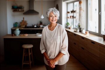 Smiling middle aged woman sitting in domestic kitchen at home, single mature senior in living room