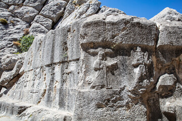 Wall sculptures from the Hittite civilization in Yazılıkaya monument located near Çorum in...