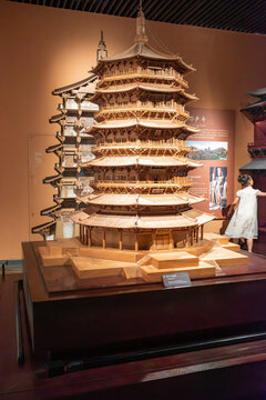 Taiyuan ShanXi China-July 29 2023:Sahya pagods in the Fogong temple model in the Shanxi Museum.