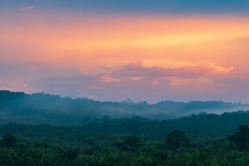 Fototapeta na wymiar Beautiful Twilight Sunrise on surrounding palm oil plantation