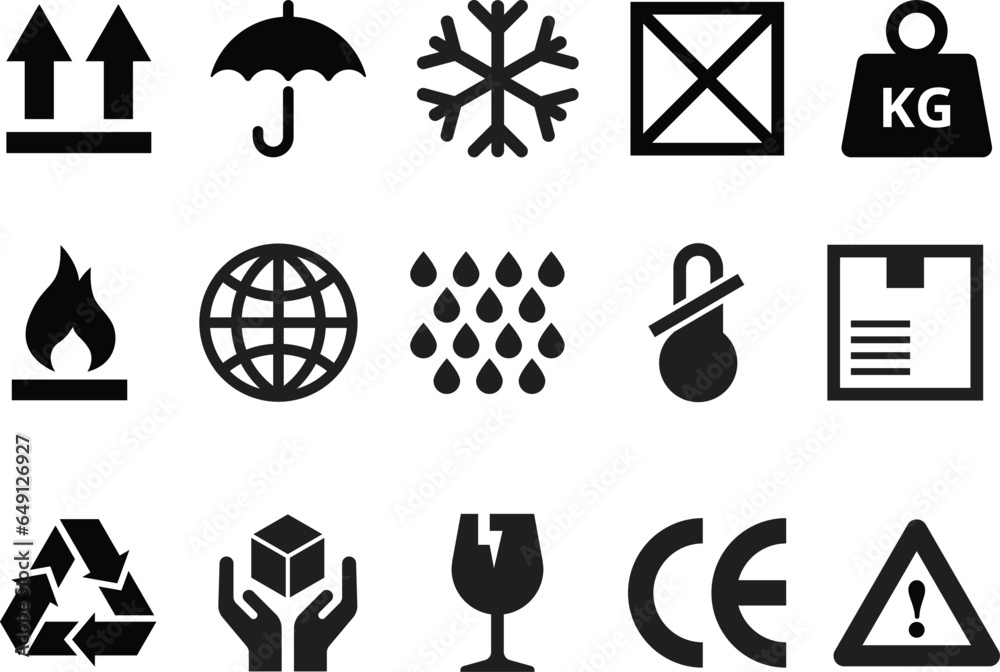 Wall mural vector packaging symbols. delivery icon set including recycle, fragile, flammable, this side up, han