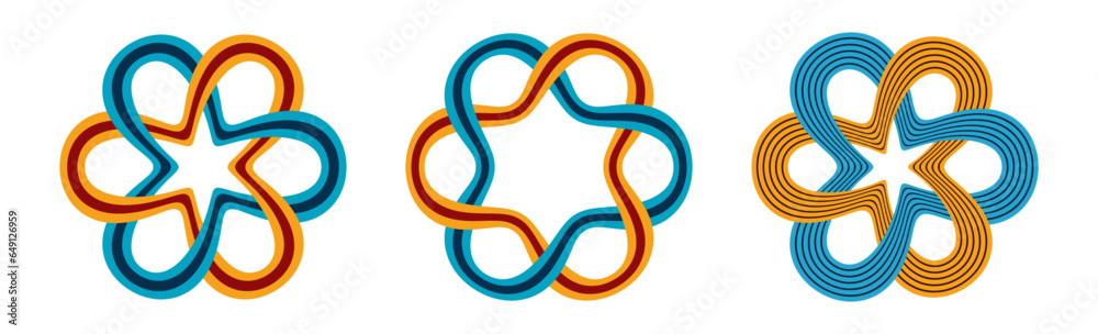 Wall mural set of interlacing smooth lines circular patterns, isolated on white background. blue, yellow and re