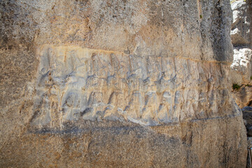 Wall sculptures from the Hittite civilization in Yazılıkaya monument located near Çorum in...