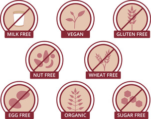 Organic Natural Food for Vegan Symbol. Silhouette Set Black Icon. Sugar, GMO, Dairy, Nitrates, Trans Fat, Sugar, Soy, Sugar, Corn, Milk, Paraben and Gluten Forbidden Sign. Vector Illustration.