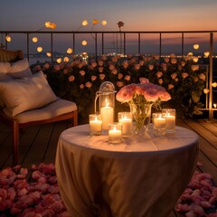 Romantic evening on terrace or balcony. light candle burning, - obrazy, fototapety, plakaty