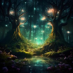 Mysterious mythical forest illuminated by fireflies. Generative ai. - obrazy, fototapety, plakaty
