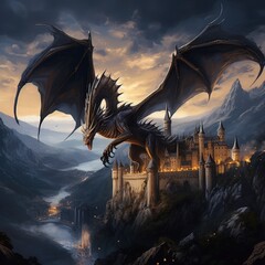 Fantasy dragon flying over kingdom. Generative ai. - obrazy, fototapety, plakaty