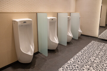 An image showcasing a sleek and contemporary men's public restroom. The design is characterized by...