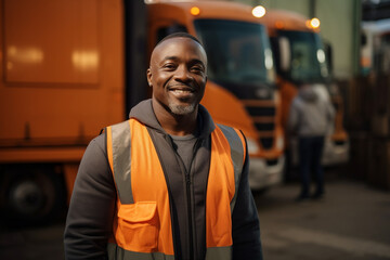 Delivery, container and happy truck driver moving industry cargo and freight at a shipping supply chain or warehouse, Smile, industrial and black man ready to transport ecommerce trade goods - obrazy, fototapety, plakaty