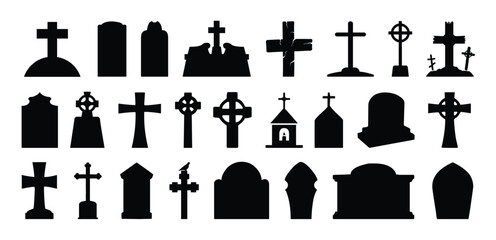 Tombstones, Headstones, Gravestone And Crosses Silhouettes Set.