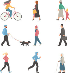 Vector Illustrations of people going somewhere, walking or running in warm clothes