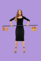 Young woman on diet trying to avoid junk food and control calories, an abstract idea that a lady, after eating fast food, then trains to lose calories.