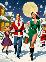 Illustrated Christmas Card Cover with Man, Woman and Girl in Snow Covered Street at Night Full Moon - Text Ready