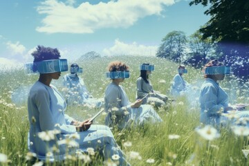 In the embrace of nature, a cohesive unit in blue harnesses the power of VR to work on a collective endeavor, showcasing the future of 'bleisure'