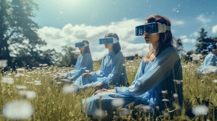 Surrounded by nature's bloom, individuals in blue attire dive into virtual realities, collaborating on a shared project. The next era of remote work unfolds