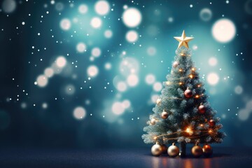 Christmas tree with golden star on bokeh background. 3d rendering, Christmas and New Year background with Christmas tree and bokeh lights, AI Generated