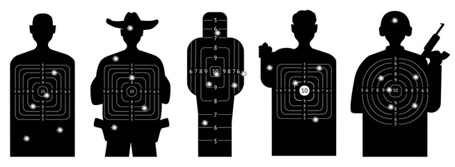 Human silhouettes for shooting range with bullets marks. Male bodies. Precision marking. Crosshair targets. People black shapes. Shooters competition score. Snipers goals vector set © VectorBum
