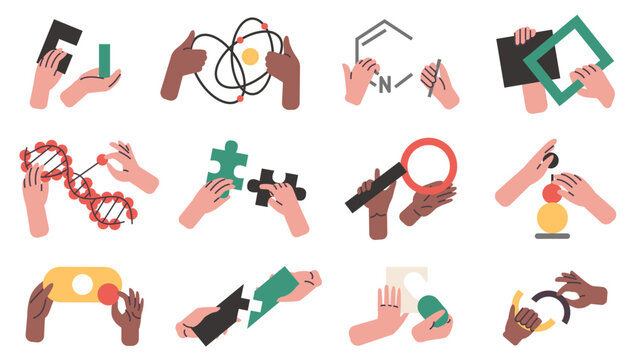 Hands with puzzles. Abstract geometric shapes. People collect piece things together. Human arms holding figures. DNA helix. Logical jigsaw. Scientific elements. Vector brainteasers set