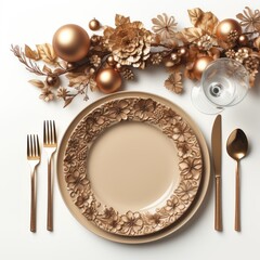 Christmas table setting with Xmas decoration isolated on white, top view. Festive holiday dinner