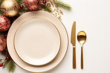Christmas table setting with Xmas decoration isolated on white, top view. Festive holiday dinner