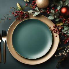 Christmas table setting with Xmas decoration, top view. Festive holiday dinner