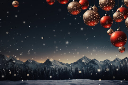 Christmas red ball in blue night,  Xmas ornament with tree, snow