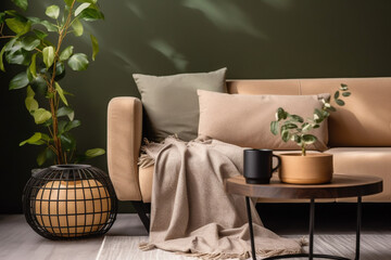 Creative composition at living room interior with design beige sofa, black coffee table, plants and elegant personal accessories, Brown pillow and plaid, Cozy apartment, Home decor