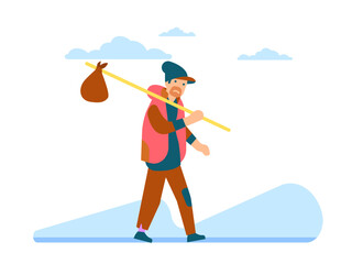 Poverty and destitution. Homeless vagrant walking down road with bag on stick. Jobless man begging. Unhappy vagabond traveling. Hopelessness and despair. Unemployed male. Vector concept