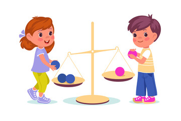 Young children play with scales and different weights. Boy and girl put balls on weigher. Toys mass measurement. Educational game. Spheres comparison. Balance equilibrium. Vector concept