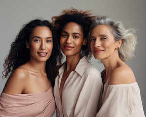 Beauty and unity, this diverse group of beautiful women of all skin tones and races together posing in the skin care ad campaign. A multiracial diverse group of women, inclusivity body positivity.