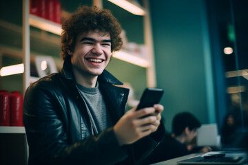 Content young male with mug of hot aromatic drink using mobile in contemporary bookstore while looking at camera and smiling