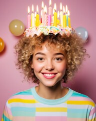 Fototapeta na wymiar A young woman smiles joyfully as she celebrates her birthday with a festive party, a cake perched atop her head adorned with flickering candles, surrounded by a joyful indoor atmosphere