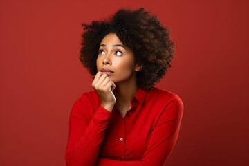 Fototapeta na wymiar Confused, question and why black woman on studio red background, body language and facial gesture for risk decision, shrug and reaction, Uncertainty, unsure and frustrated model, doubt and confusion