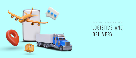 3d smartphone, truck and yellow airplane. Online delivery order concept. Logistic and delivery with different transport. Colorful vector illustration with blue background