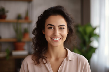 Confident happy beautiful Hispanic student girl indoor head shot portrait