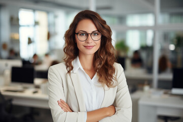 Confident businesswoman at her workplace at modern office, Portrait of businesswoman happily smiling and looking at camera