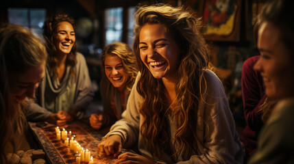 Inviting scene of joyful women in cozy attire, bonding over board games in a mountain chalet's living room, epitome of laughter, luxury and togetherness. - obrazy, fototapety, plakaty