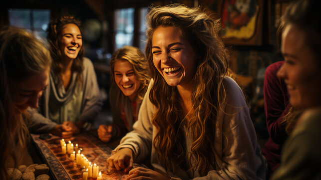 Inviting Scene Of Joyful Women In Cozy Attire, Bonding Over Board Games In A Mountain Chalet's Living Room, Epitome Of Laughter, Luxury And Togetherness.