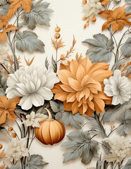 Fototapeta premium Vintage autumn Halloween background with flowers and pumpkins