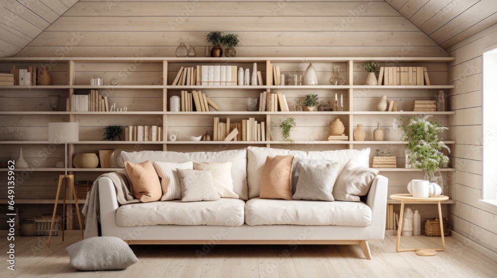 Wall mural Cream-colored sofa with several pillows near a wood-paneled wall with shelves. Scandinavian interior design of a modern-style living room in the loft