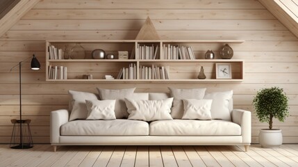 Cream-colored sofa with several pillows near a wood-paneled wall with shelves. Scandinavian interior design of a modern-style living room in the loft